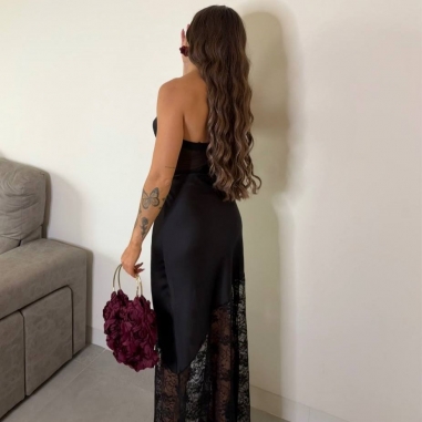 FALDA SATÉN ENCAJE NEGRA