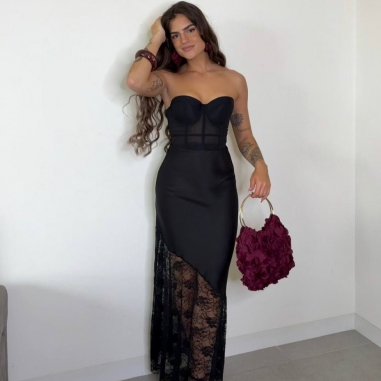 FALDA SATÉN ENCAJE NEGRA