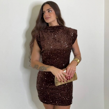 VESTIDO HOMBRERAS LENTEJUELAS CHOCO