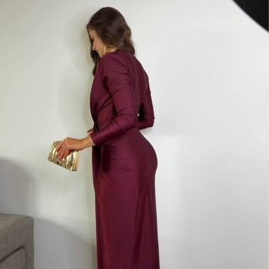 VESTIDO NUDO MANGA BURDEOS