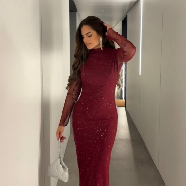 VESTIDO TUL BRILLO VINO