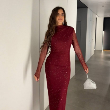 VESTIDO TUL BRILLO VINO