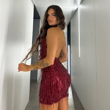 PREVENTA VESTIDO FLECOS LENTEJUELAS VINO