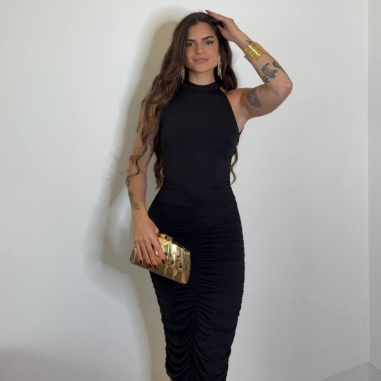 PREVENTA VESTIDO FRUNCIDO MIDI NEGRO