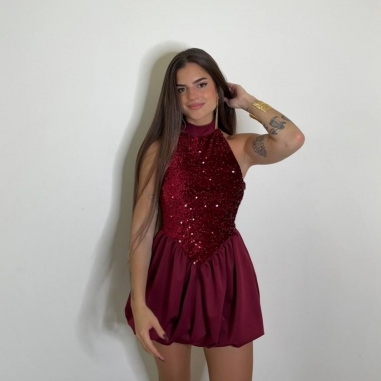 VESTIDO GLOBO LENTEJUELAS VINO