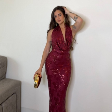 VESTIDO ESCOTE FLUIDO LENTEJUELAS VINO