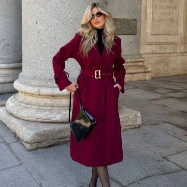 ABRIGO PAÑO CINTURÓN VINO