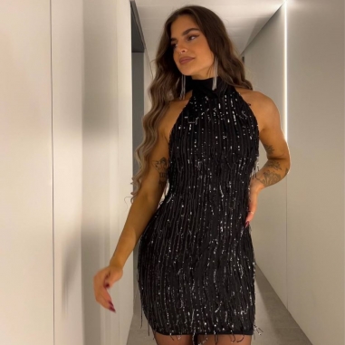 VESTIDO FLECOS LENTEJUELAS NEGRO Y PLATA