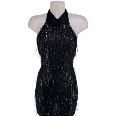VESTIDO FLECOS LENTEJUELAS NEGRO Y PLATA