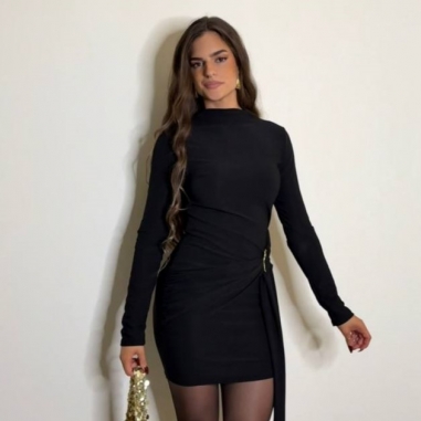 VESTIDO CORTO ACCESORIO + LAZADA NEGRO