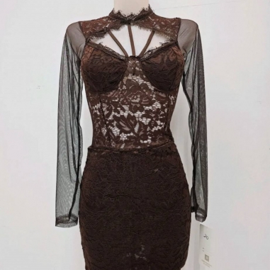 VESTIDO ENCAJE TRANSPARENCIAS CHOCO