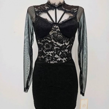 VESTIDO ENCAJE TRANSPARENCIAS NEGRO