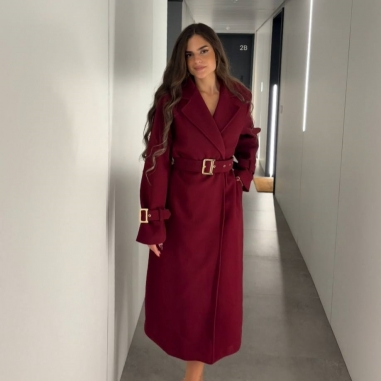 ABRIGO PAÑO CINTURÓN VINO