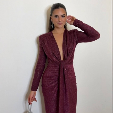 VESTIDO NUDO MANGA LUREX BURDEOS