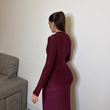 VESTIDO NUDO MANGA LUREX BURDEOS