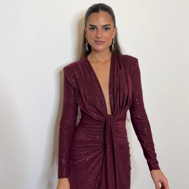 VESTIDO NUDO MANGA LUREX BURDEOS