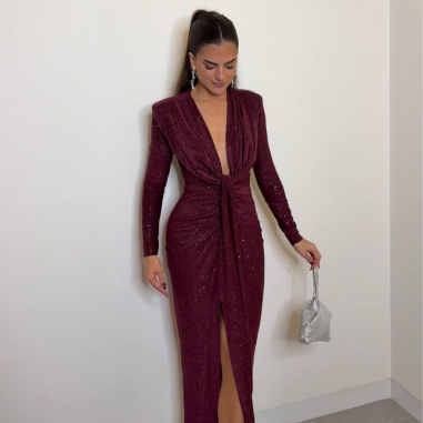 VESTIDO NUDO MANGA LUREX BURDEOS