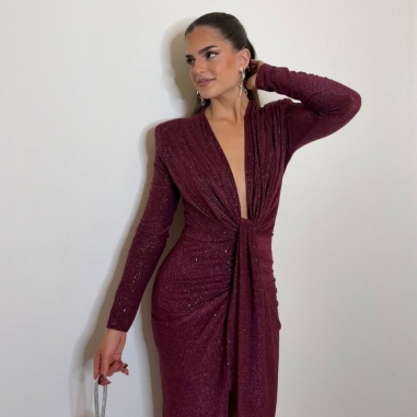 VESTIDO NUDO MANGA LUREX BURDEOS