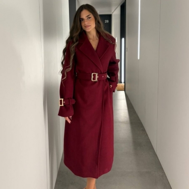 ABRIGO PAÑO CINTURÓN VINO
