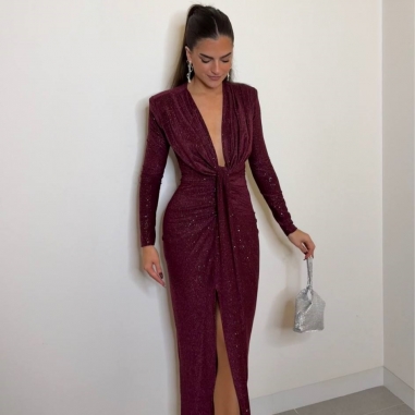 VESTIDO LUREX NUDO BURDEOS