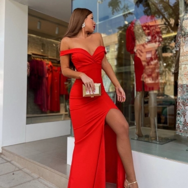 VESTIDO ESCOTE BARCO ROJO