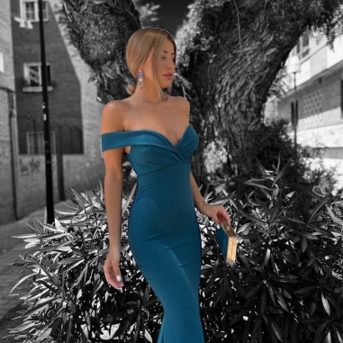 VESTIDO ESCOTE BARCO PETRÓLEO