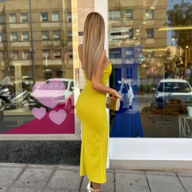 VESTIDO ESCOTE V OCRE