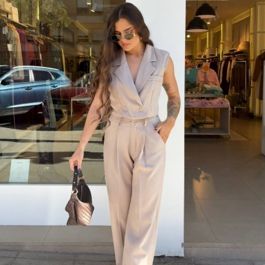 CONJUNTO TRAJE LARGO CHALECO TAUPÉ