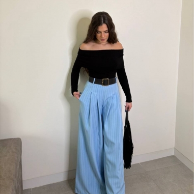 PANTALÓN PALAZZO RAYAS CELESTE