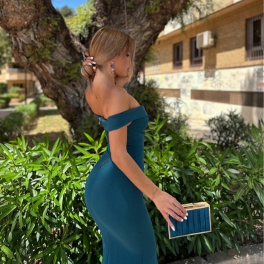 VESTIDO ESCOTE BARCO PETRÓLEO