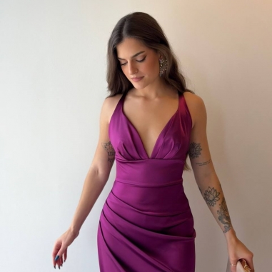 VESTIDO SATINADO ESPALDA CRUZADA CEREZA