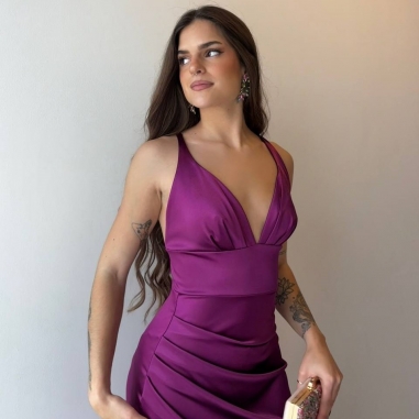 VESTIDO SATINADO ESPALDA CRUZADA CEREZA