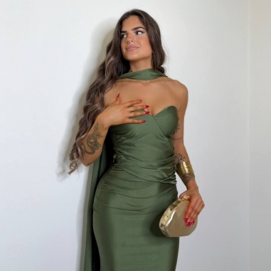 VESTIDO GARGANTILLA VERDE CAQUI