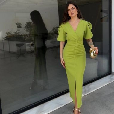 VESTIDO MANGA ABULLONADA VERDE AGUACATE