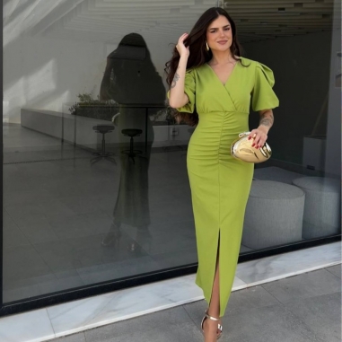 VESTIDO MANGA ABULLONADA VERDE AGUACATE