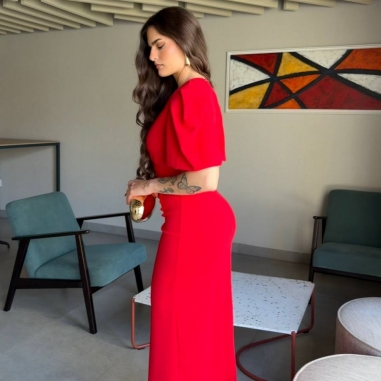 VESTIDO MANGA ABULLONADA ROJO