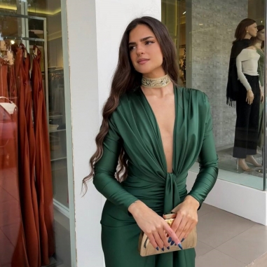 VESTIDO NUDO MANGA VERDE BOTELLA