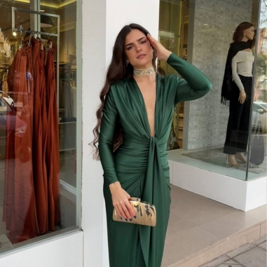 VESTIDO NUDO MANGA VERDE BOTELLA