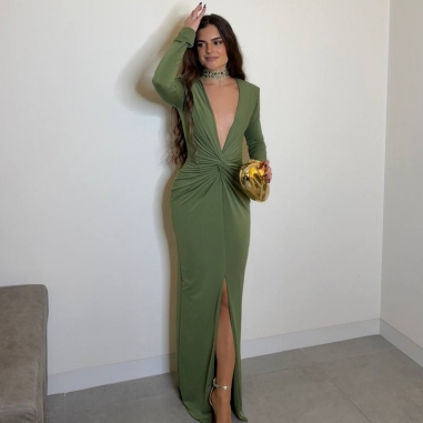 VESTIDO NUDO FRUNCIDO VERDE CAQUI