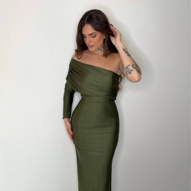 VESTIDO ASIMÉTRICO MIDI VERDE CAQUI