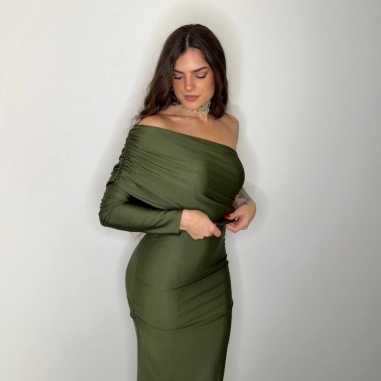 VESTIDO ASIMÉTRICO MIDI VERDE CAQUI