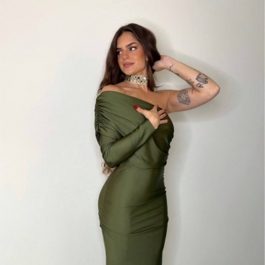 VESTIDO ASIMÉTRICO MIDI VERDE CAQUI
