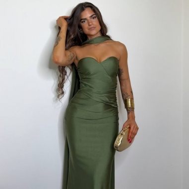 VESTIDO GARGANTILLA VERDE CAQUI