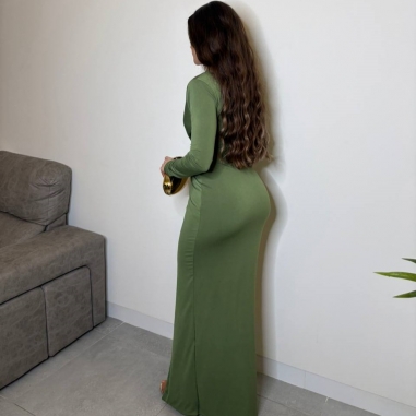 VESTIDO NUDO FRUNCIDO VERDE CAQUI