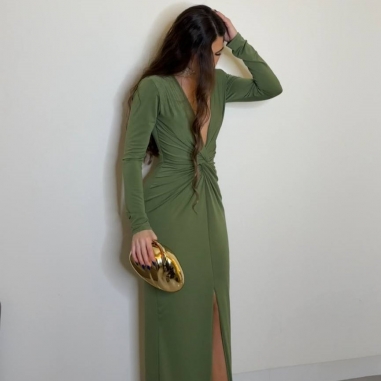 VESTIDO NUDO FRUNCIDO VERDE CAQUI