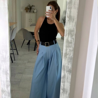 PANTALÓN PALAZZO RAYAS CELESTE