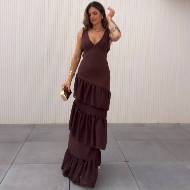 VESTIDO ESPALDA CRUZADA VOLANTES CHOCO