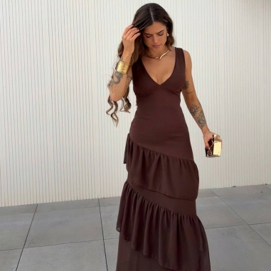 VESTIDO ESPALDA CRUZADA VOLANTES CHOCO