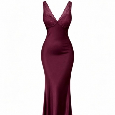 VESTIDO SATÉN ESCOTE ENCAJE BURDEOS