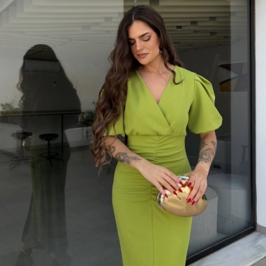 VESTIDO MANGA ABULLONADA VERDE AGUACATE